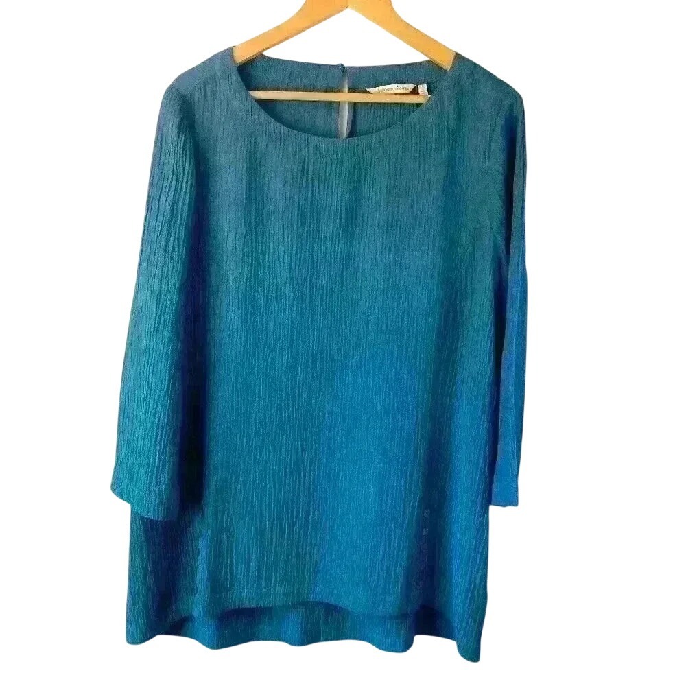 Soft Surrondings Blue 3/4 Sleeve‎ Crinkle Textured Button Accent Tunic Sz L Boho